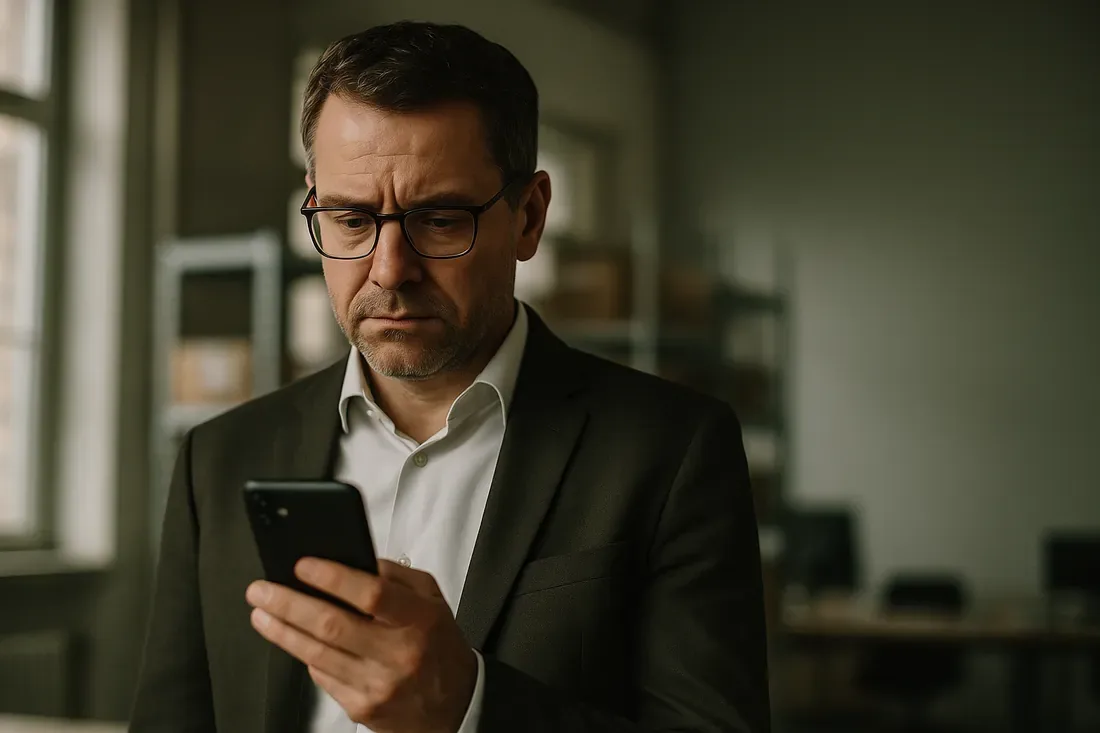 Business owner checking on his phone whether ChatGPT recommends his company