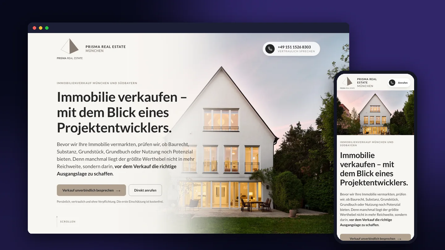 Prisma Real Estate – Verkäufer-Landingpage auf Desktop und Smartphone