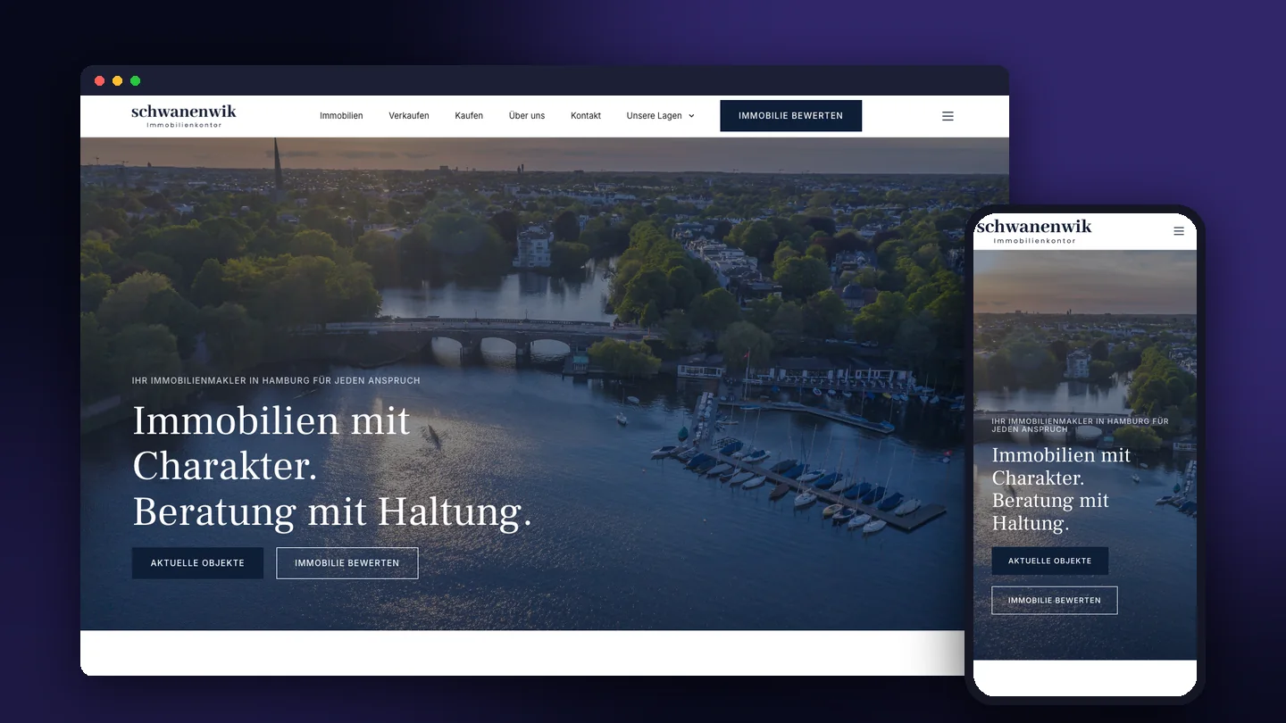 Schwanenwik Immobilienkontor – Website auf Desktop und Smartphone